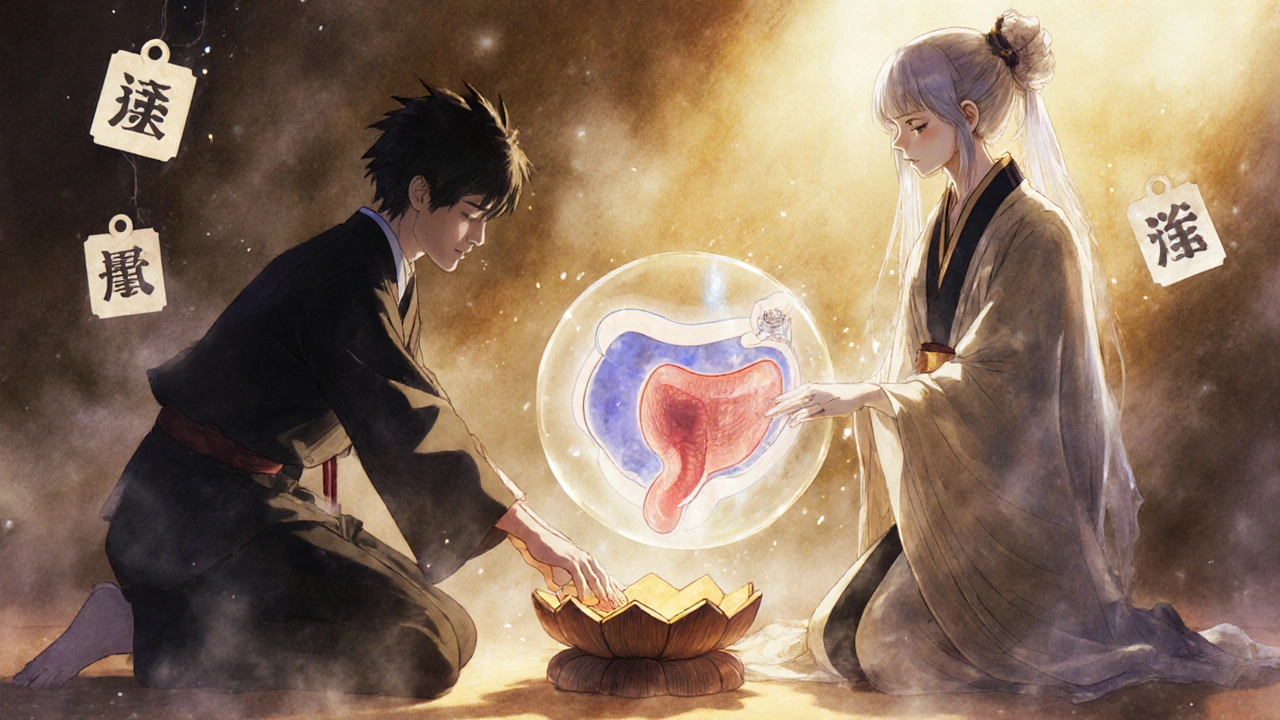 Junge Person sitzt auf einem Fußhocker im Dampf der Badewanne, während ein Geistführer auf ein medizinisches Diagramm zeigt.