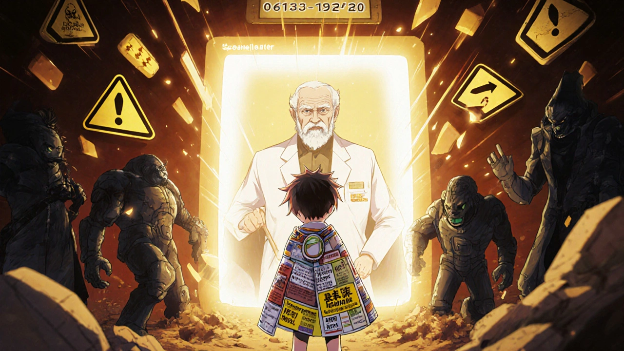 Kind als Held vor einer Portal-Tür mit Toxikologischer Hotline, Schatten von Überdosierungsmonstern zerfallen.