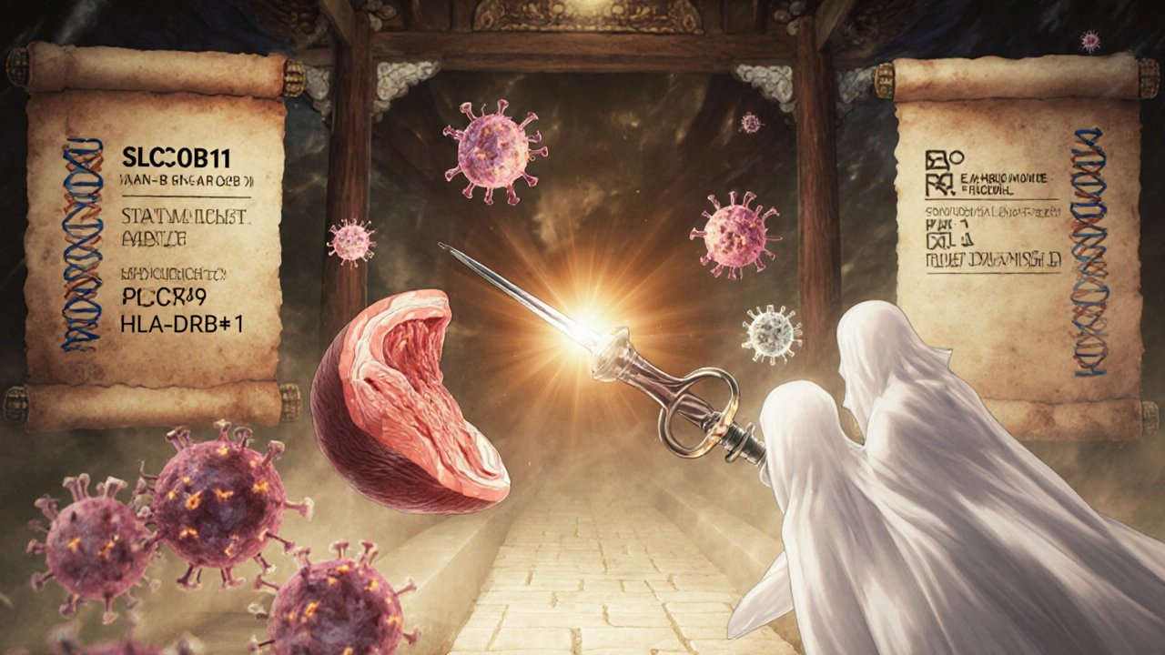 Medizinischer Tempel mit genetischen Scrolls und Biopsie-Nadel, abgestorbene Muskelzellen, geteilter Pfad zu Herzinfarkt und Heilung.