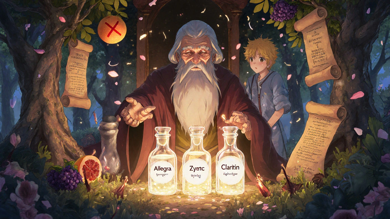 Mystische Apotheke mit drei magischen Elixieren für Allergien, dargestellt als kristallene Flaschen in einem pollenreichen Wald.