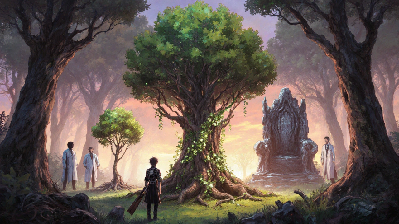 Mystischer Wald mit Baumarten als Behandlungen, Reisender wählt einen starken Baum, Throne bricht zusammen.