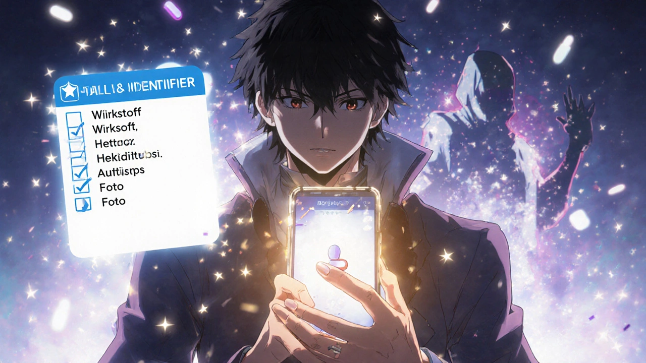 Patient scannt Tablette mit Smartphone, AR-Overlay zeigt Übereinstimmung, Angst verwandelt sich in Licht.