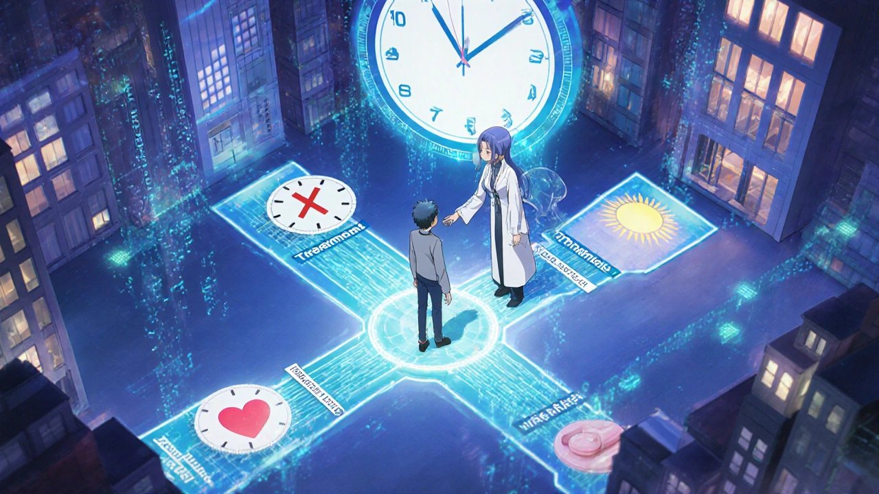 Patient steht an einer Kreuzung mit drei Behandlungsoptionen, jede mit visuellen Symbolen dargestellt.