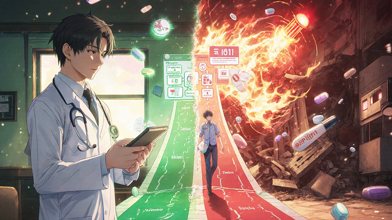 Patient zwischen zwei Pfaden: grüner Arztbesuch und roter Notruf, medizinische Symbole schweben.