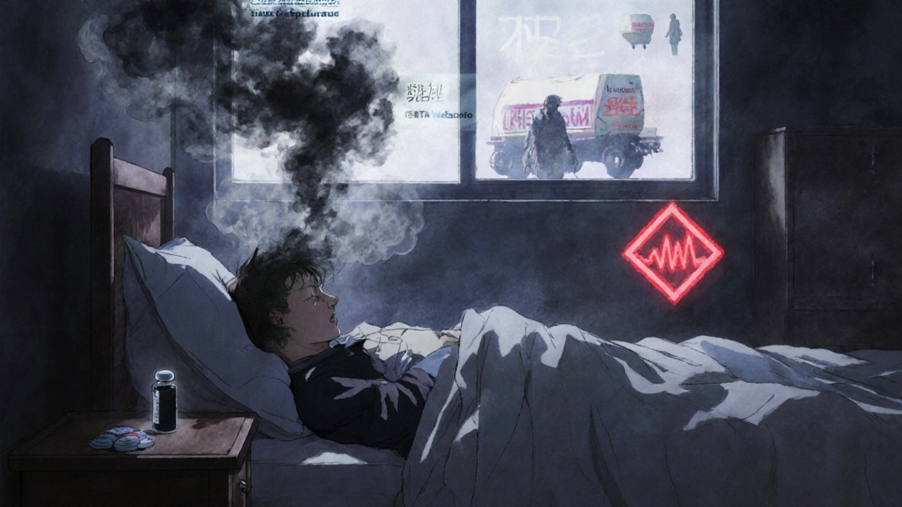 Person auf dem Boden, während schwarzer Rauch aus einer gefälschten Pille aufsteigt und Warnsymbole schweben.