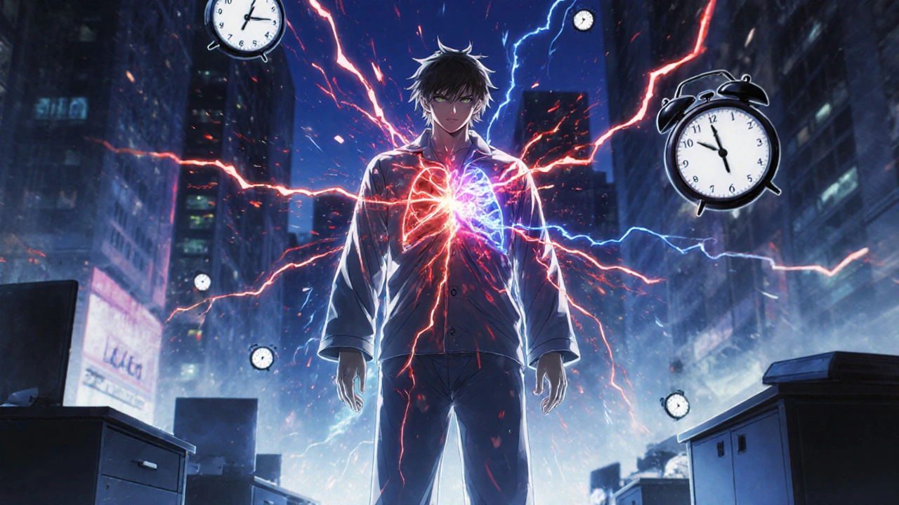 Person in Neonstadt, innere Energiekämpfe zwischen anregendem Rot und sedierendem Blau, hohe Dosis Mirtazapin.