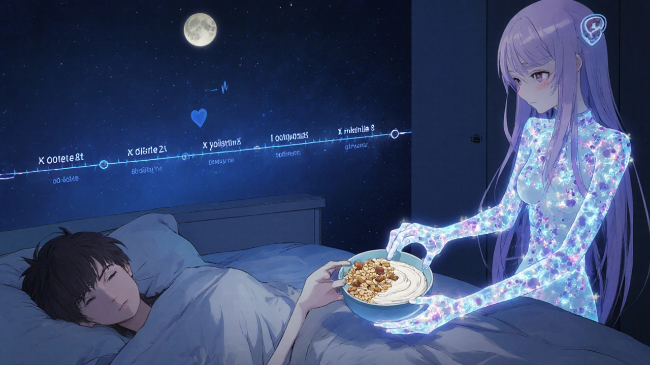 Person prüft vor dem Schlafen den Blutzucker, geisterhafte Nährstofffigur stellt Snack bereit, digitale Herzfrequenz leuchtet sanft.