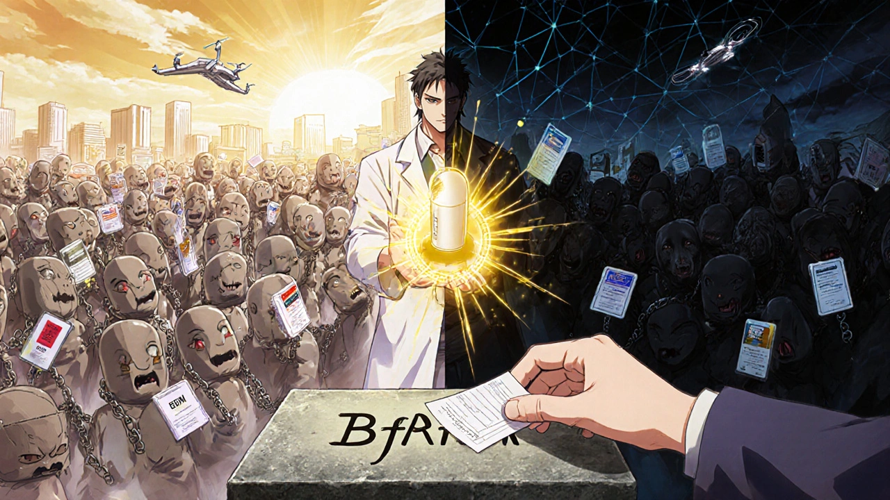 Pharmazeutin steht vor einer Barriere aus Hologrammen, während schattenhafte Fälschungen angreifen.