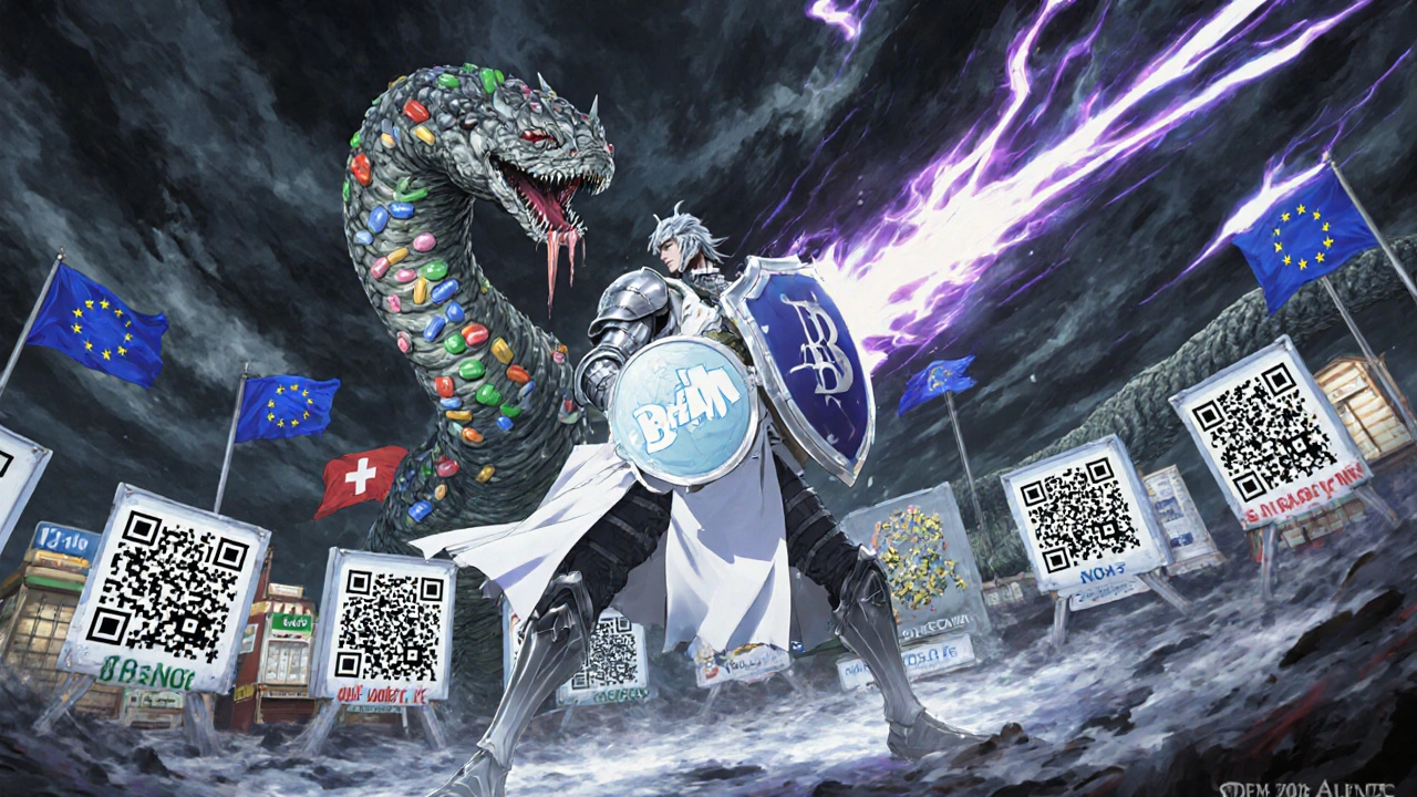 Riese aus Laborkittel kämpft gegen eine Schlange aus Falschmedikamenten, während Apotheker Schutzschilde aktivieren.