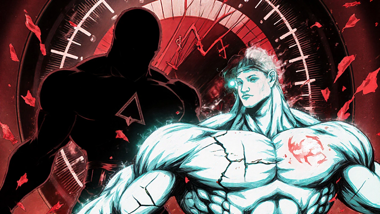 Schattenfigur kämpft gegen einen aus Muskelgewebe bestehenden Krieger, CK-Wert-Messer zerbricht, Antikörper-Symbol leuchtet.