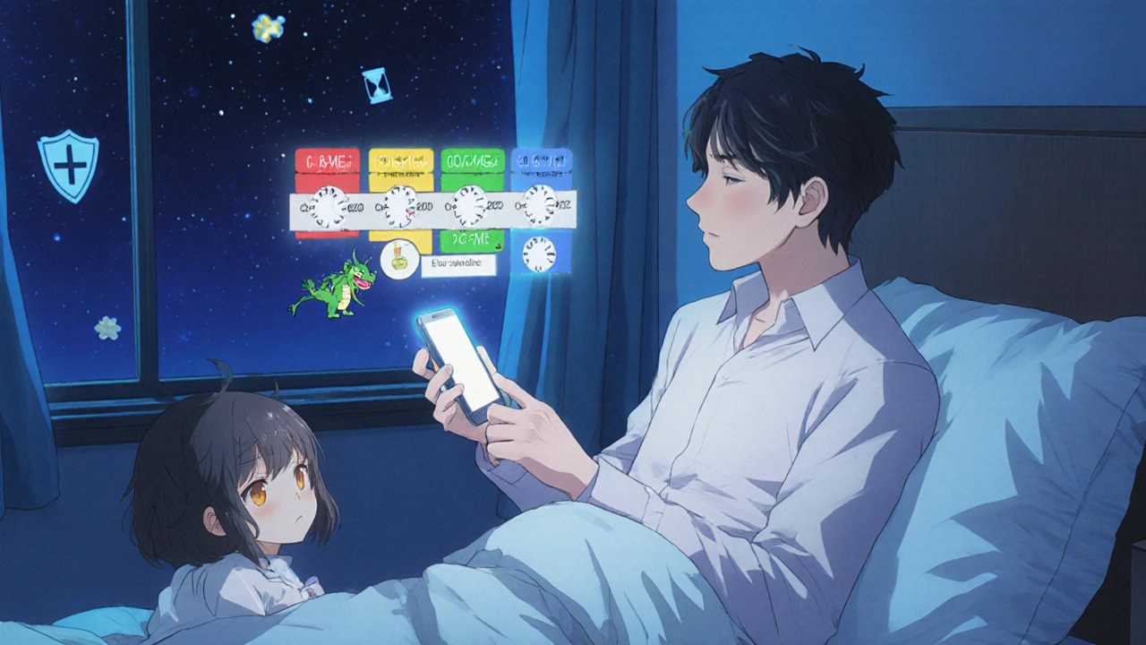 Vater nutzt Smartphone-App mit holografischem Zeitplan, farbige Dosierfenster schweben über dem Bett des Kindes.