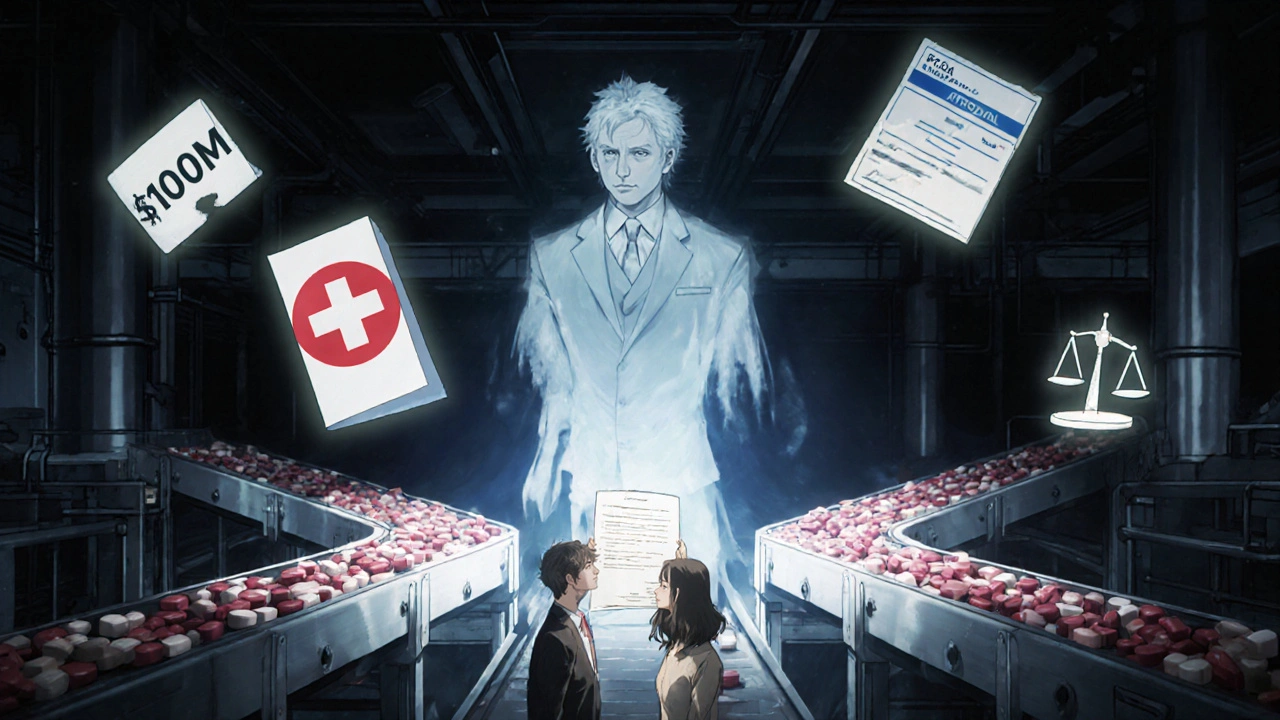 Zwei identische Pillenbänder laufen parallel in einer Fabrik, während ein Startup-Team eine FDA-Genehmigung hält.