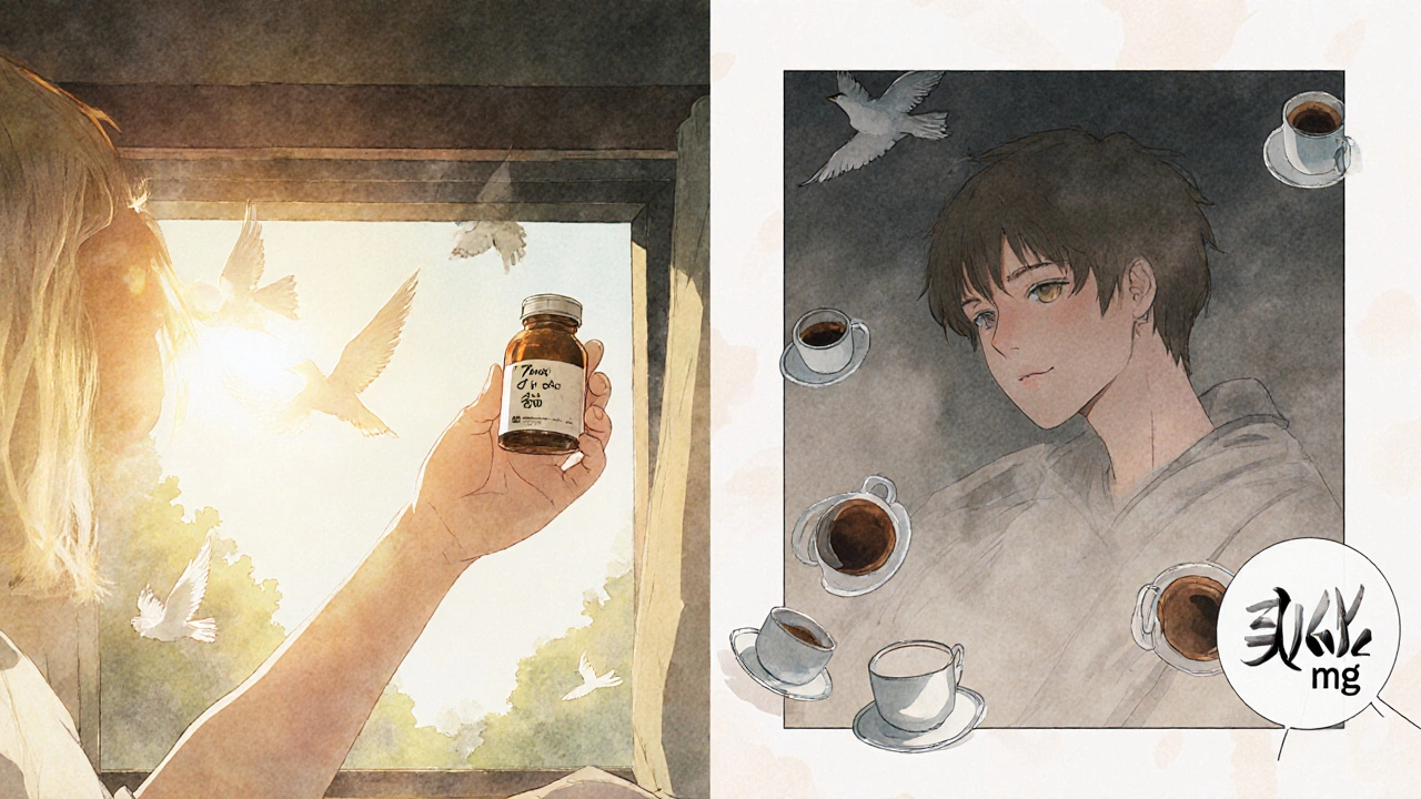 Zweiteilige Szene: klare Morgenstimmung mit niedriger Dosis vs. verschwommene Müdigkeit mit hoher Dosis Mirtazapin.