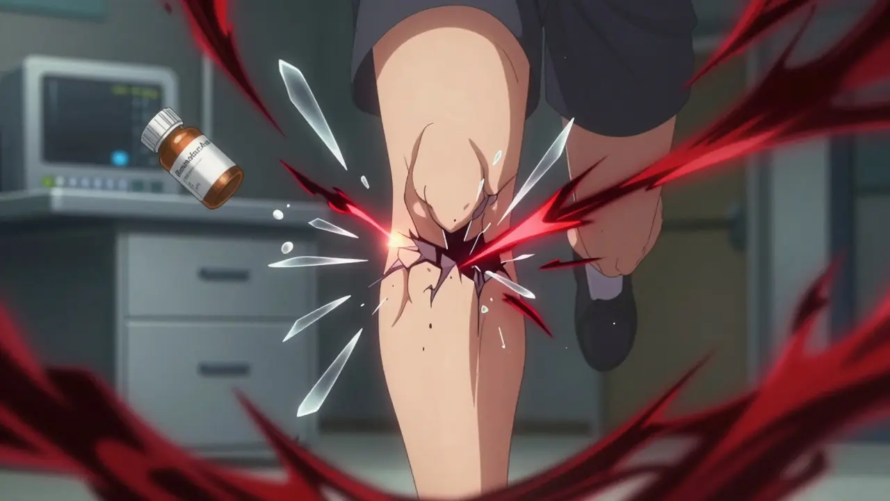 Achillessehne reißt während des Laufens, mit leuchtendem Bruch und medizinischen Warnsymbolen im Hintergrund.