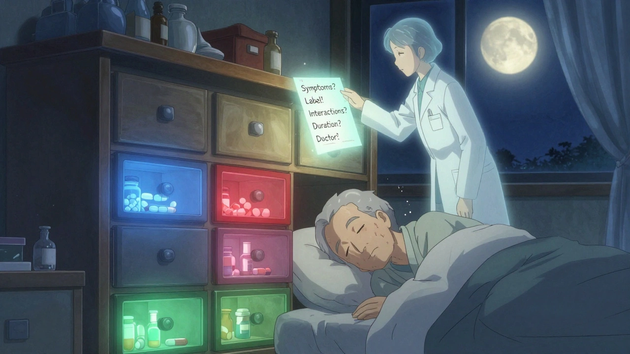 Ältere Person schläft neben einer leuchtenden Medikamentensammlung, während ein phantastischer Apotheker eine Sicherheits-Checkliste schweben lässt.