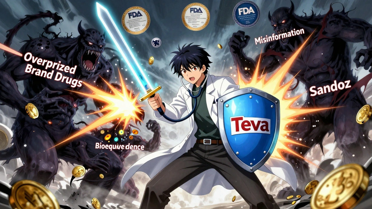 Apotheker kämpft gegen teure Markenmedikamente mit einem Stethoskop-Schwert und einem Generika-Schild.