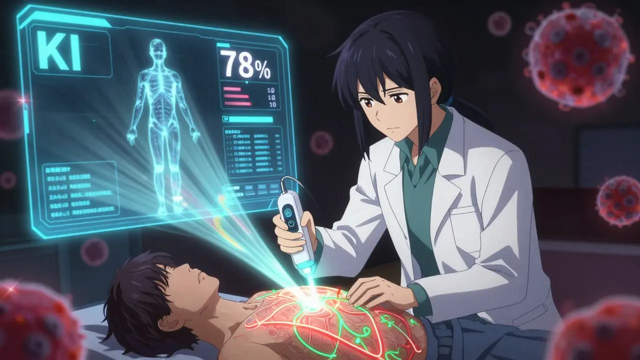 Arzt mit einem Infrarot-Gerät, das die Haut analysiert, während ein digitaler Körperscan und bedrohliche Zellen sichtbar sind.