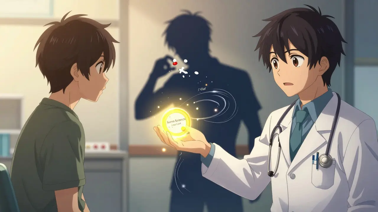 Arzt reicht einer Patientin eine Pille mit positiver Aura, während ihr Schatten in eine verzweifelte Gestalt verwandelt wird.