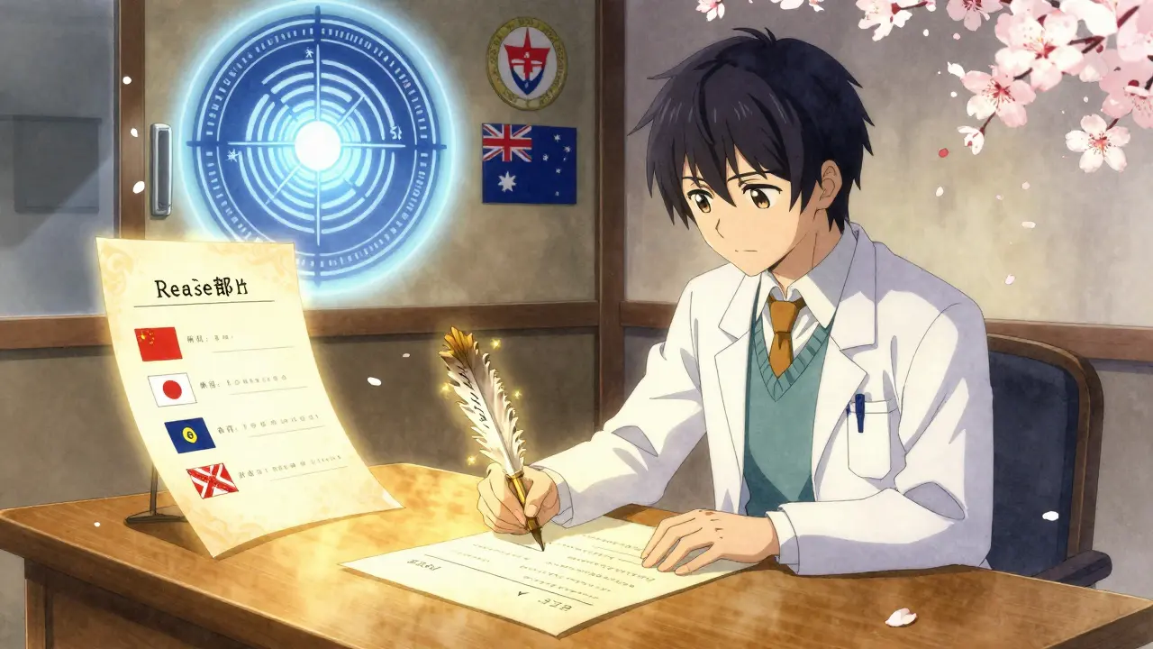 Arzt schreibt einen leuchtenden Reisebrief mit mystischen Symbolen für Name, Dosierung und Ziel Länder, umgeben von schwebenden Flaggen und Blüten.