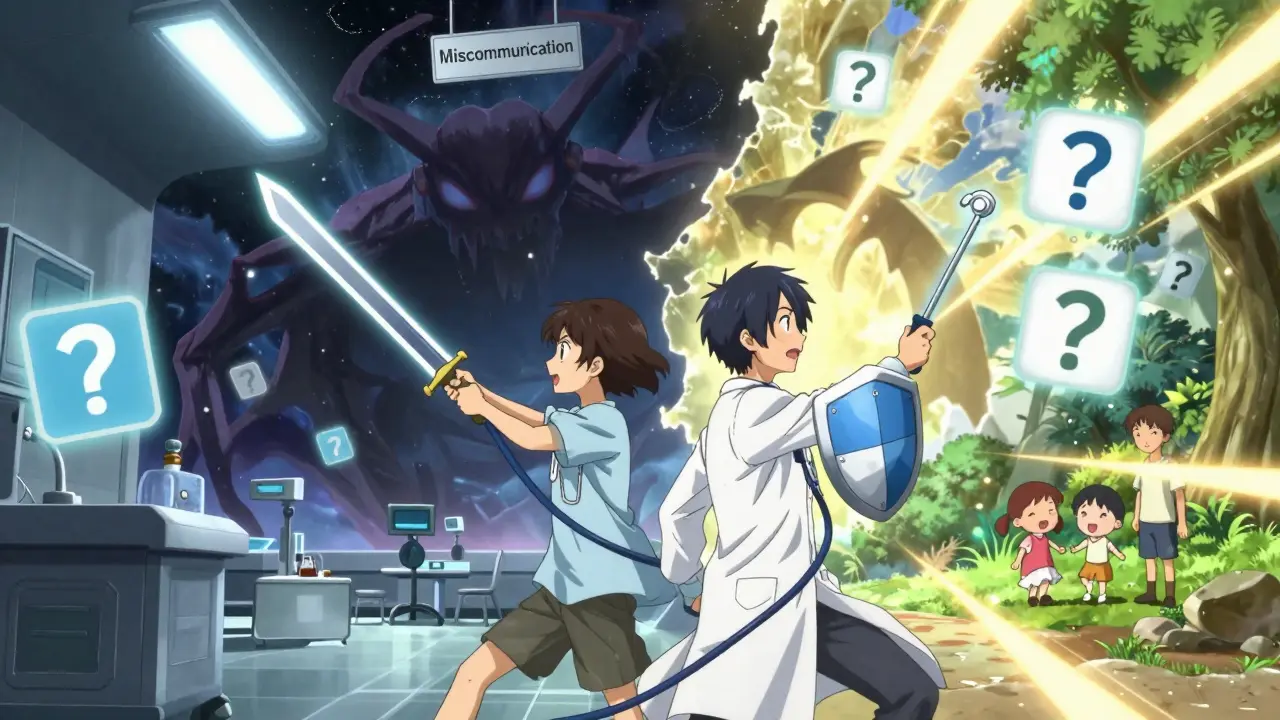 Arzt und Patient kämpfen gemeinsam gegen das Unverständnis, dargestellt als Schattenwesen in einer animehaften Klinik.