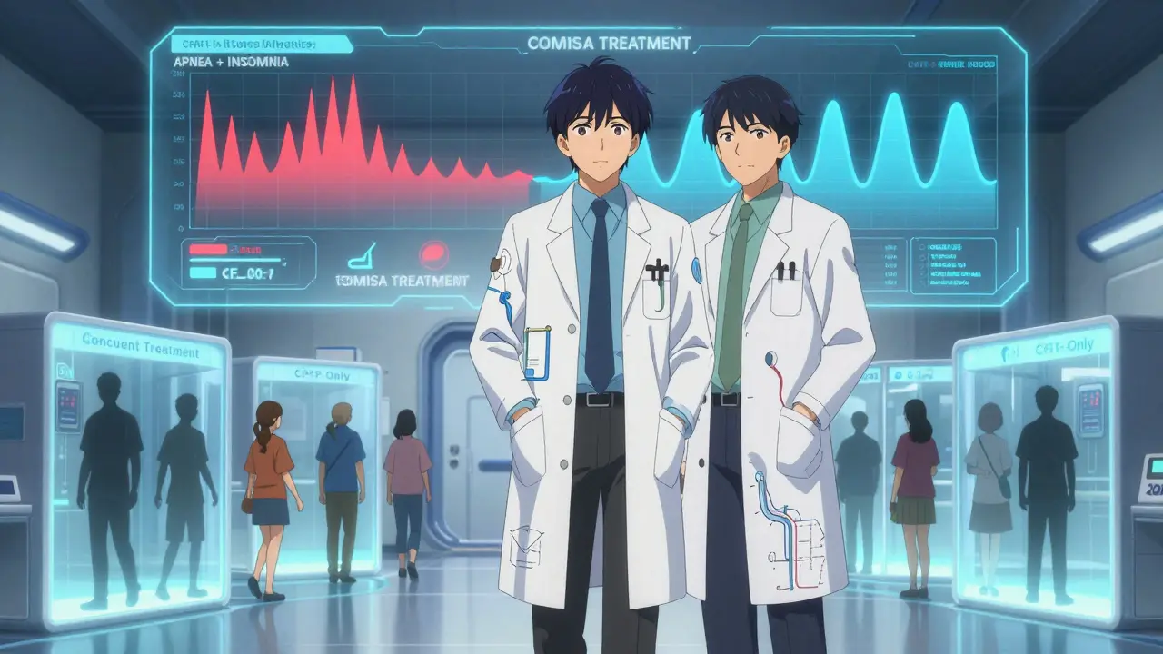 Arzt und Psychologe in vereinten Roben, führen Patienten durch ein Portal zur kombinierten COMISA-Behandlung.