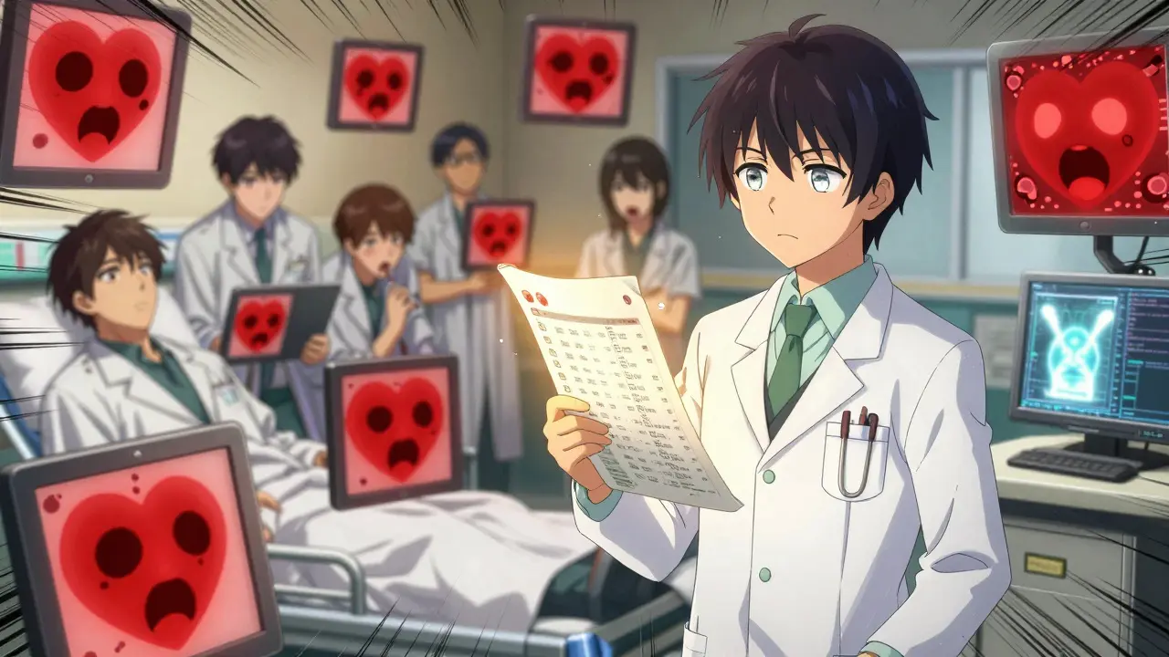 Ärzte überwältigt von Warnmeldungen, während ein Apotheker ruhig eine Medikationsliste hält.