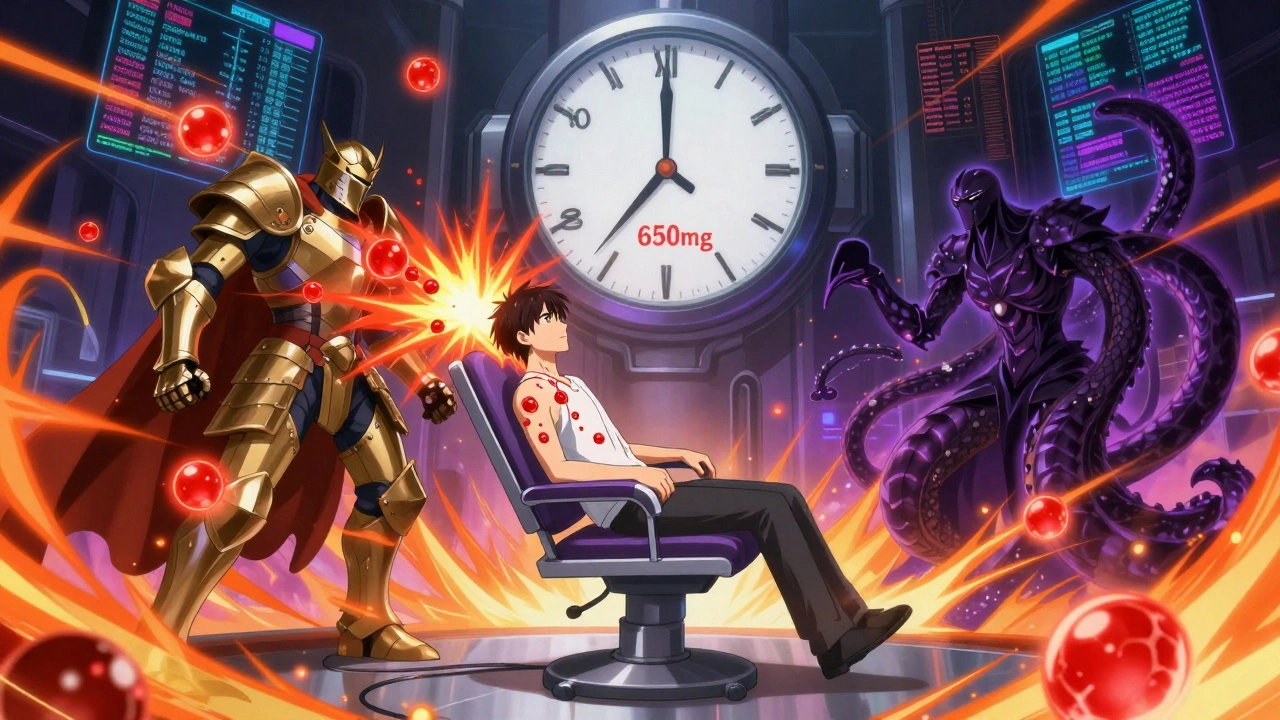 Aspirin-Challenge in einer futuristischen medizinischen Arena mit schwebenden Dosen und kampfenden Entzündungswesen, Anime-Stil.