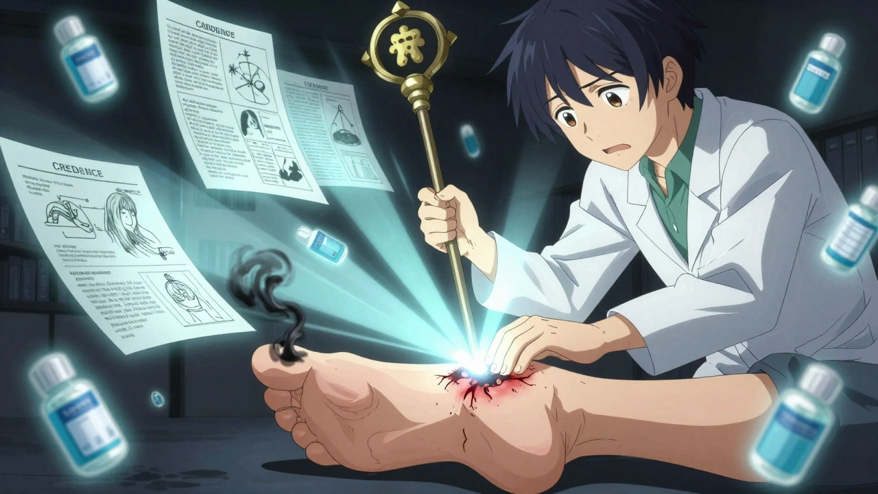 Close-up of a wounded foot with dark smoke being healed by a glowing podiatrist, surrounded by medical study charts.