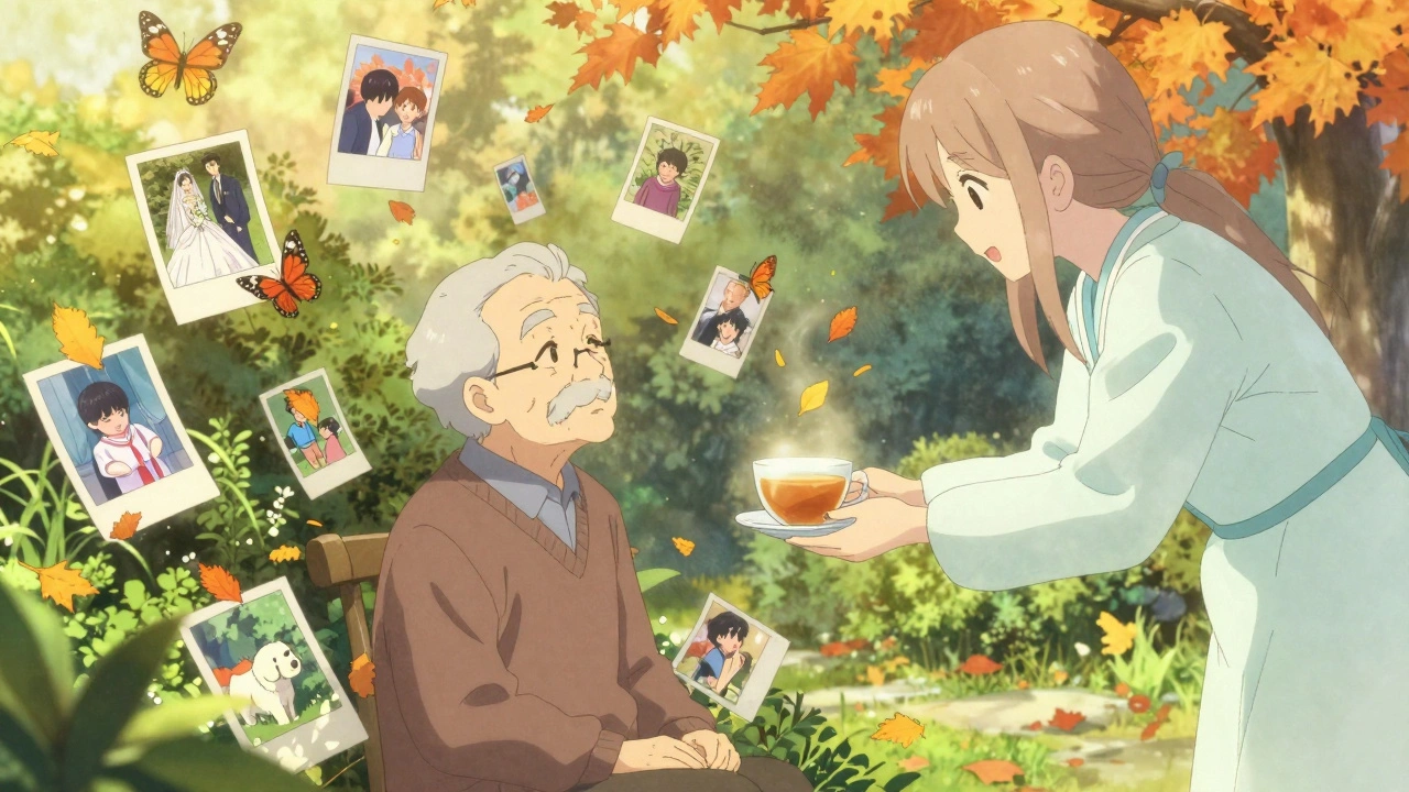 Ein älterer Mensch sitzt in einem Garten, umgeben von schwebenden Erinnerungsfotos, die zu Schmetterlingen werden.