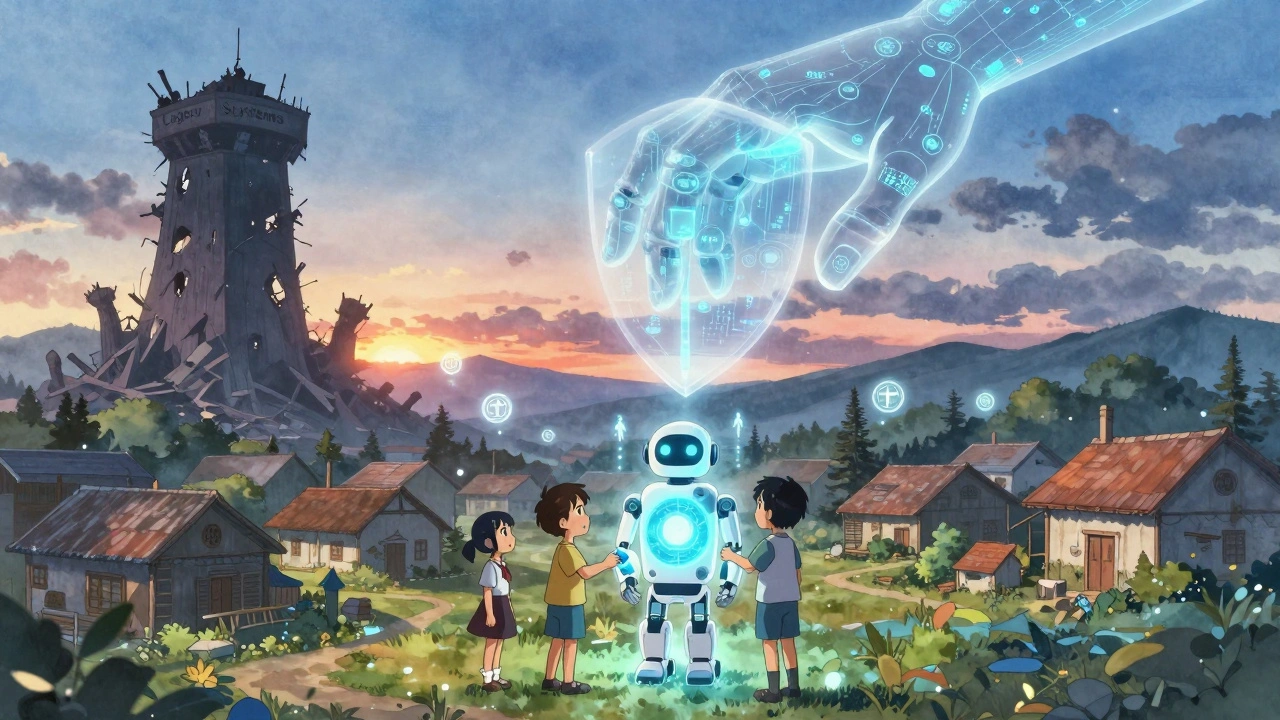 Ein Dorf in Entwicklungsländern unter einem Schutzschild aus globalen Gesundheitsstandards, während veraltete Systeme einstürzen.