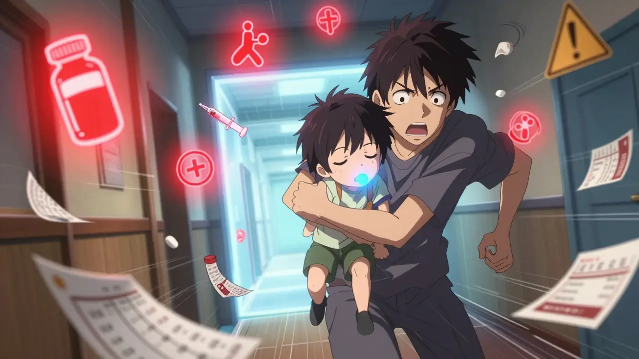 Ein Elternteil trägt ein bewusstloses Kind durch eine magische Medizin-Halle.