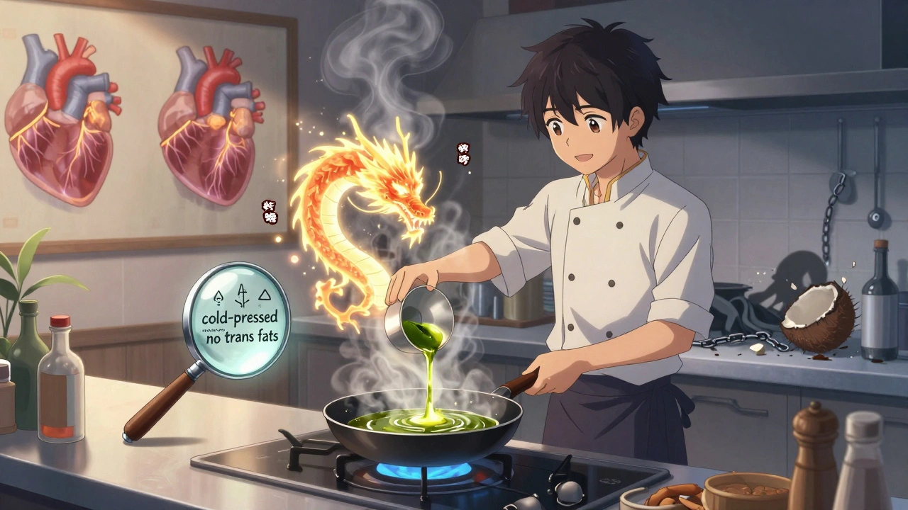 Ein Koch gießt Algenöl in eine Pfanne, das sich in einen Lichtdrachen verwandelt, während gesunde Etiketten leuchten.