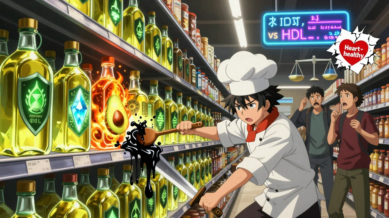 Ein Kochheld kämpft in einem Supermarkt gegen eine monströse Zutatenliste mit Transfetten.