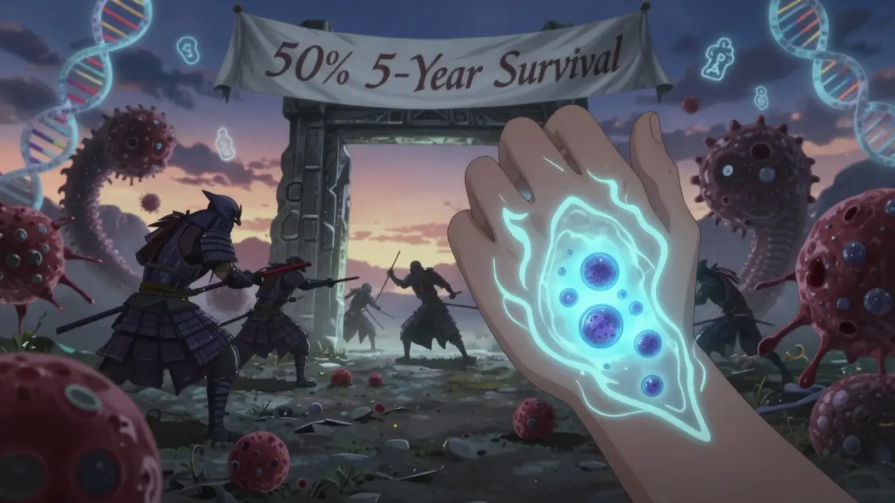 Ein magischer Hautpatch leuchtet, während Immunzellen als Samurai gegen Tumore kämpfen – symbolisch für Immuntherapie.