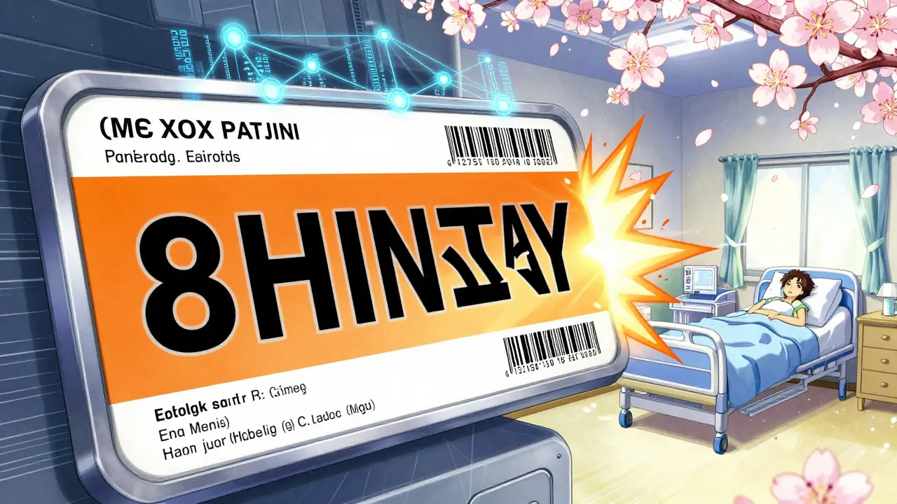 Ein Medikamenten-Etikett verwandelt sich von klein und unleserlich in eine klare, große, orange hervorgehobene Sicherheitsanzeige.