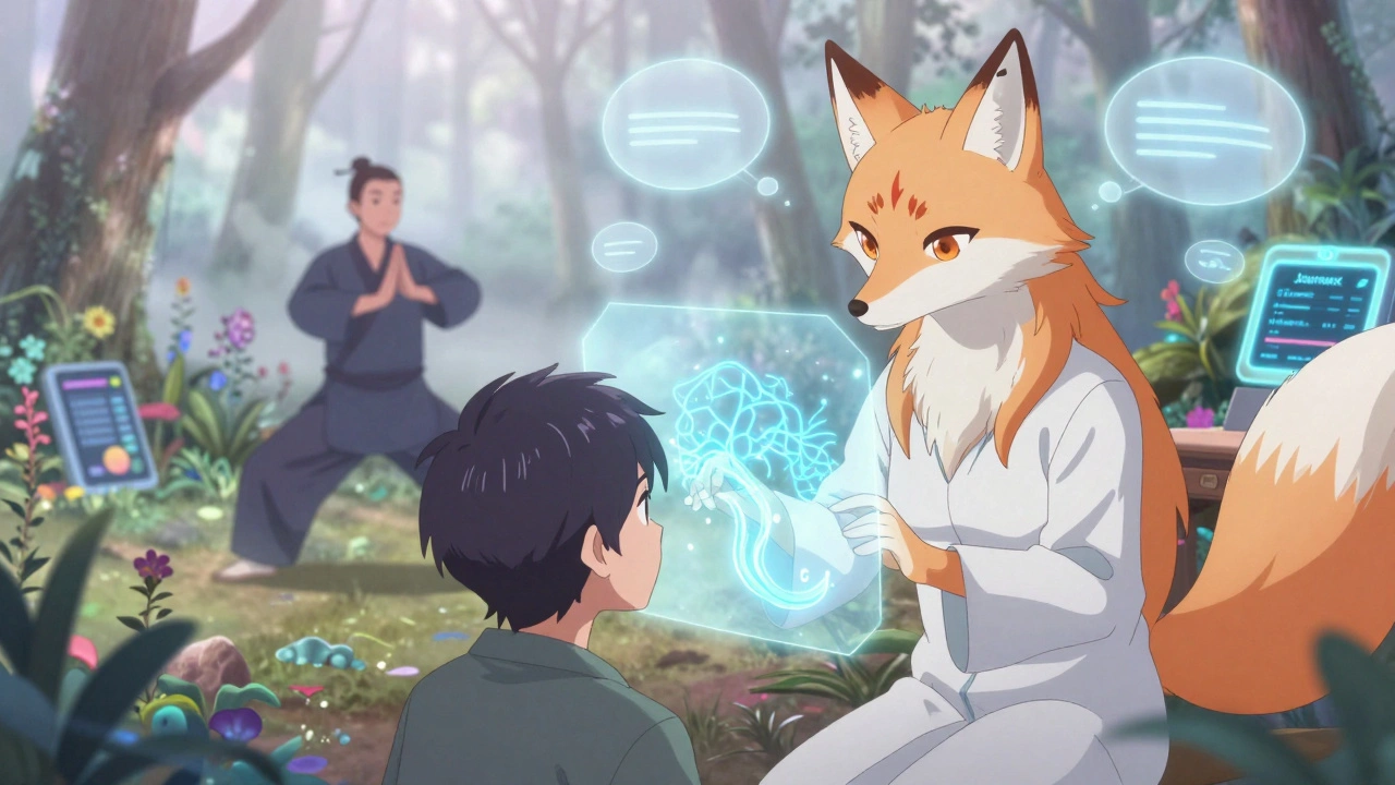 Ein Patient erhält KVT von einem Fuchs-Geist, während neuronale Pfade und Tai-Chi-Bewegungen in der Luft schweben.