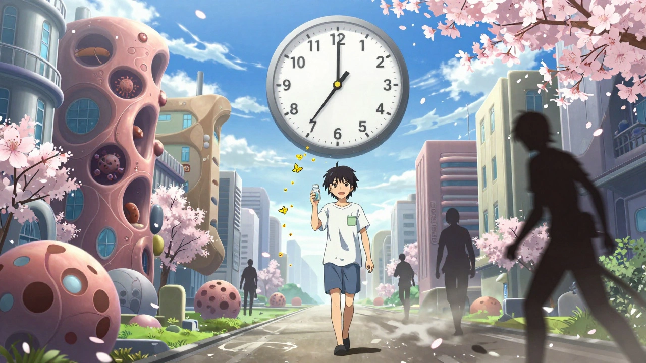 Ein Patient geht durch eine blühende Stadt aus Leberstrukturen, während alte Behandlungen in Staub zerfallen.