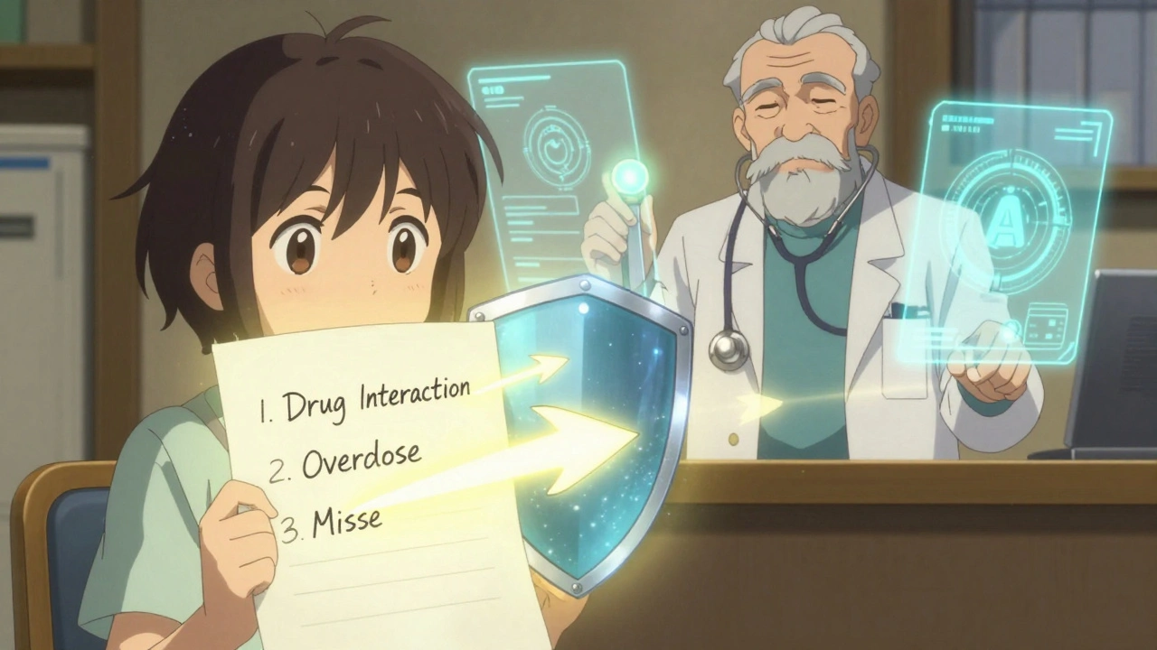 Ein Patient hält eine magische Medikationsliste, die Angriffe abwehrt, während ein Apotheker als Beschützer steht.