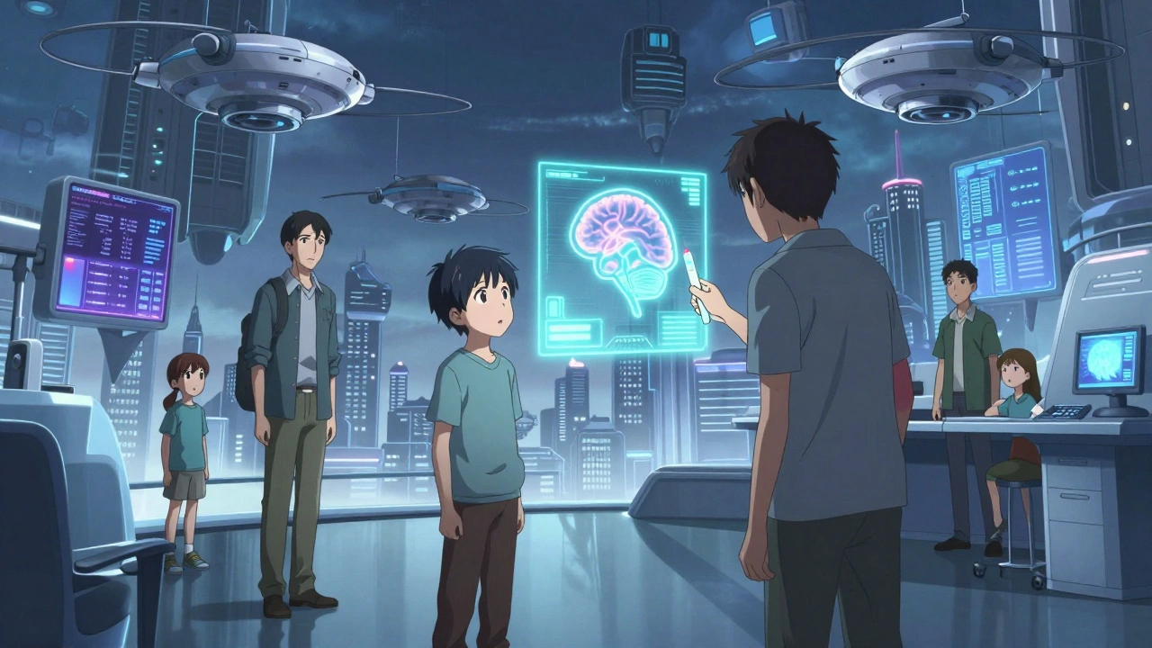 Ein Patient in einer futuristischen Neurologieklinik erhält ein holographisches Bluttest-Ergebnis mit Gehirn-Scan.