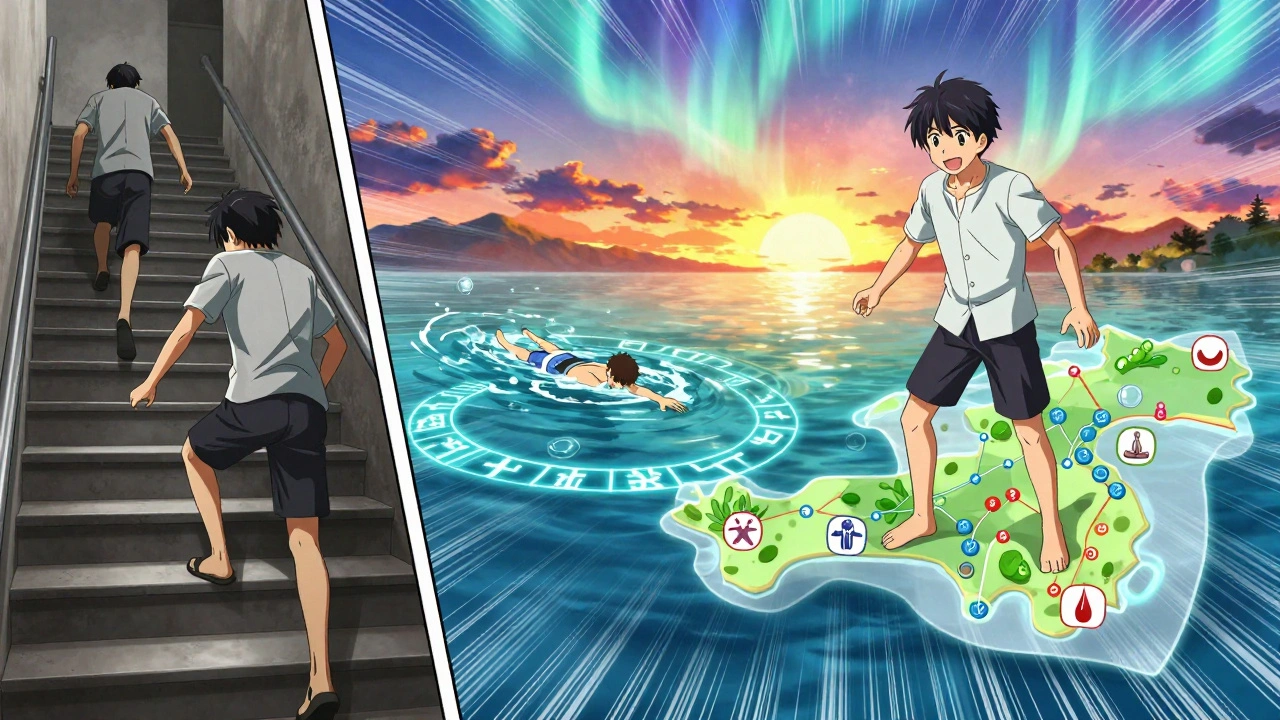 Ein Patient überwindet Schmerzen: vom Treppensteigen bis zum Schwimmen, begleitet von medizinischen Symbolen und Lichtwellen.