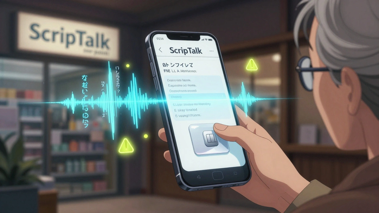 Ein Smartphone liest eine Rezeptinformation laut vor, holographische Wellen schweben in der Luft.