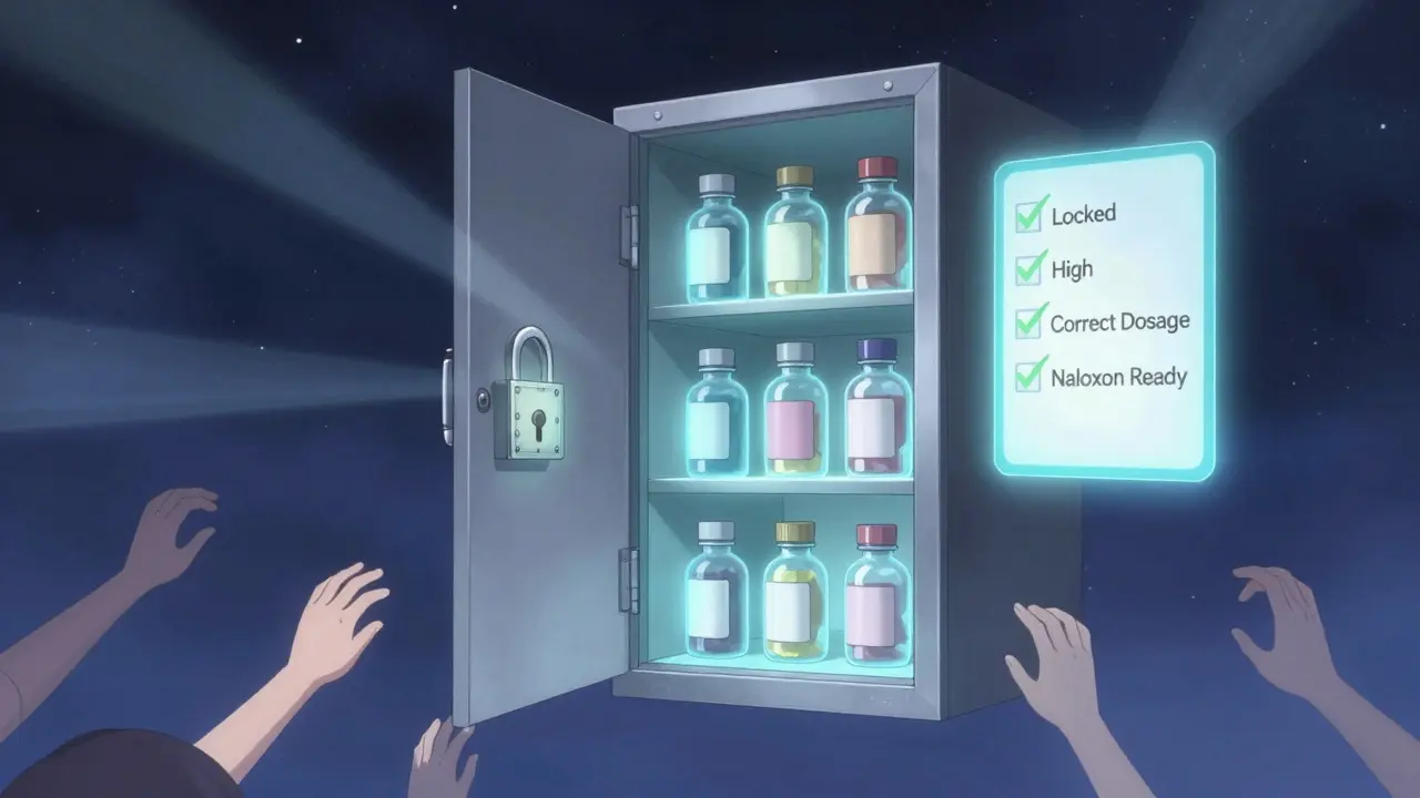 Ein verschlossener Medikamentenschrank schwebt in einem sternenhellen Raum mit schützenden Kraftfeldern.