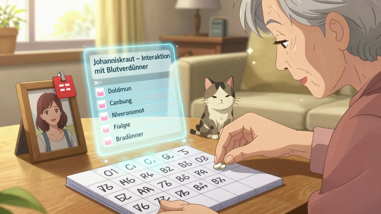 Eine ältere Frau füllt einen gut beschrifteten Medikamenten-Organizer in ihrem Wohnzimmer mit warmem Licht und einer Notfallkarte.