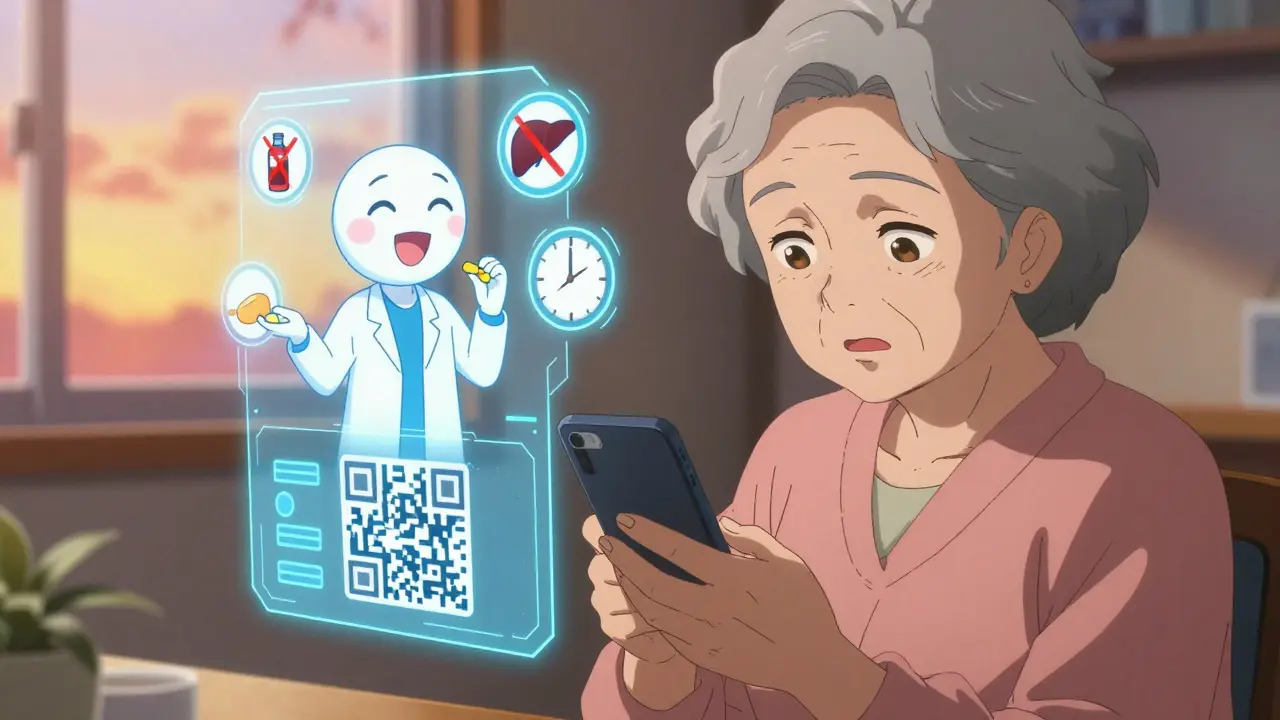 Eine ältere Frau scannt einen QR-Code, während ein holographischer Begleiter ihr zeigt, wie sie das Medikament einnimmt.
