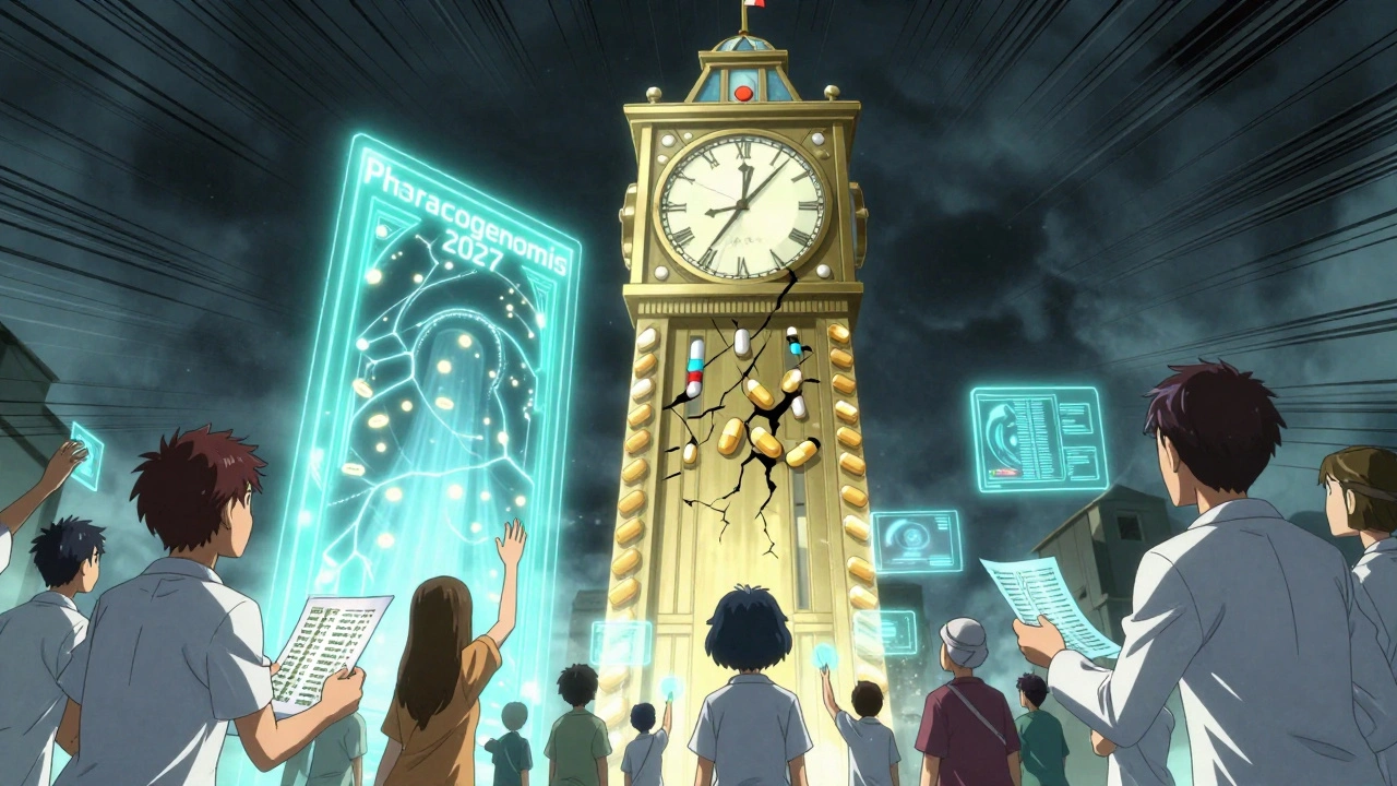 Eine aus Pillen gebaute Uhr bricht auseinander, während Patienten und KI-Technologie nach Hoffnung greifen.