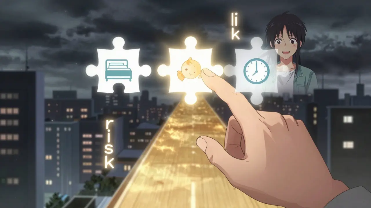 Eine Hand berührt eine glühende Entscheidungsfläche mit Symbolen für Therapie, Familie und Reisen.