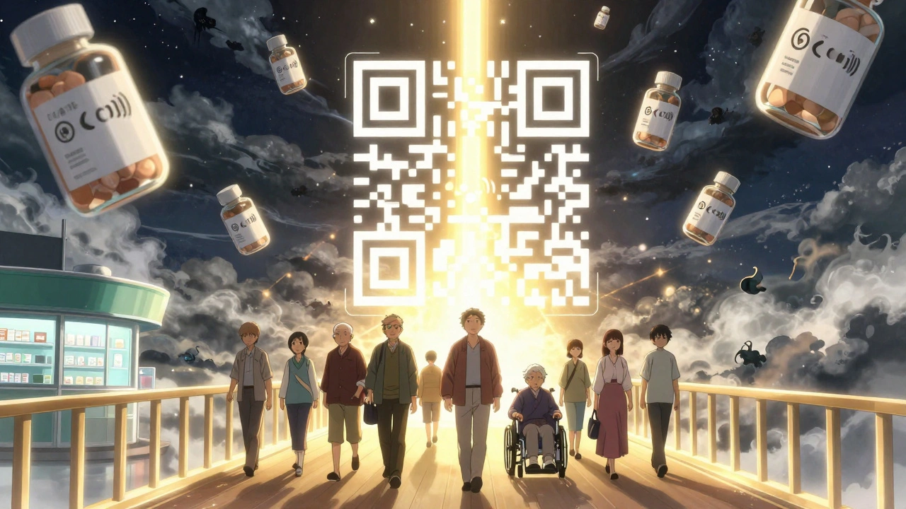 Eine magische Brücke aus QR-Codes verbindet eine Apotheke mit einem hoffnungsvollen Himmel.