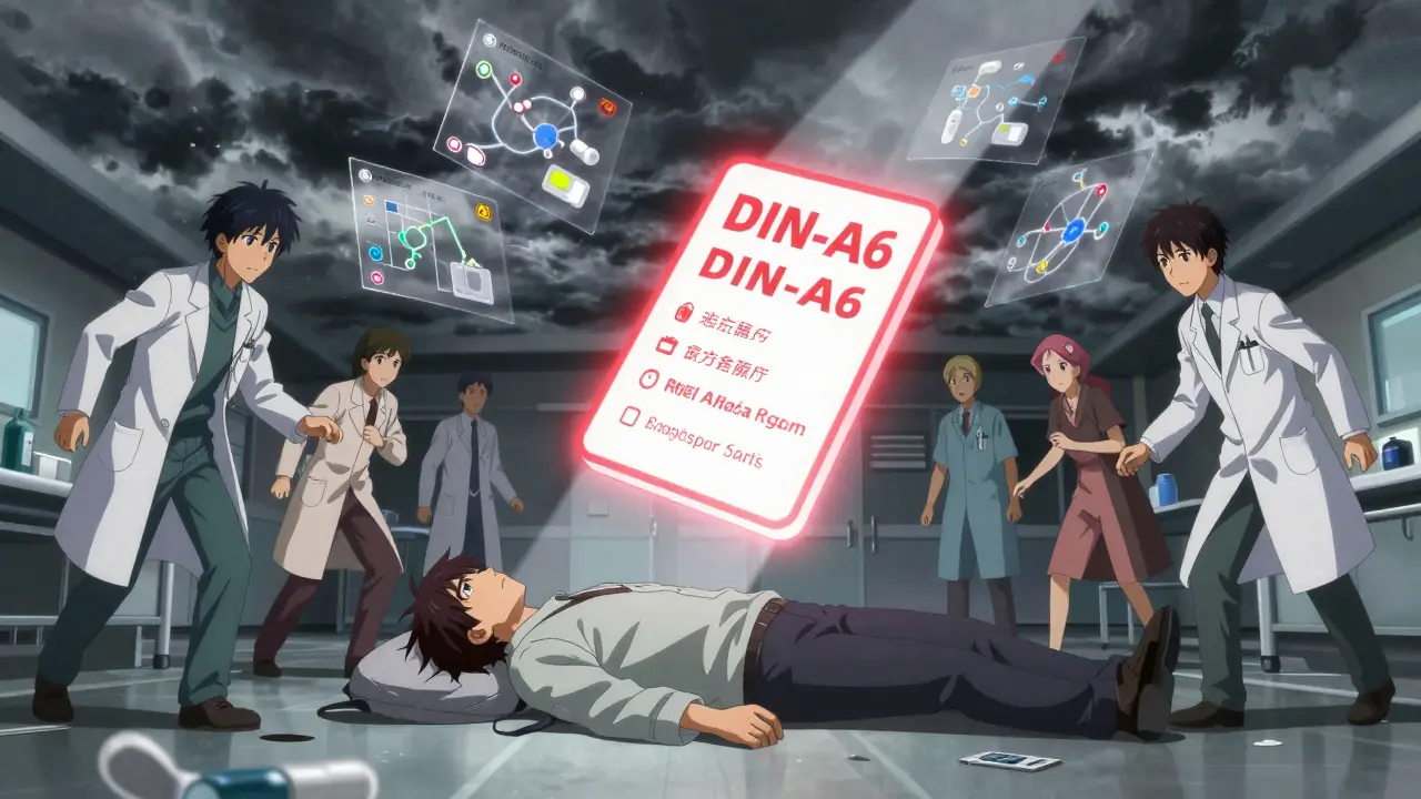 Eine Notfallkarte schwebt über einer bewusstlosen Person, während medizinisches Team mit schwebenden Interaktionskarten eilt.