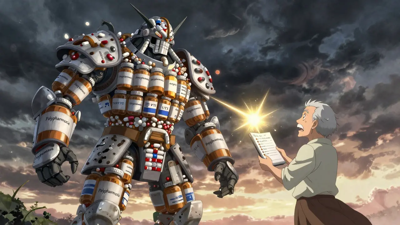 Elderly Mann kämpft gegen einen Medikamenten-Monster mit einer Liste seiner Medikamente, während Lichtstrahlen die Ursachen enthüllen.