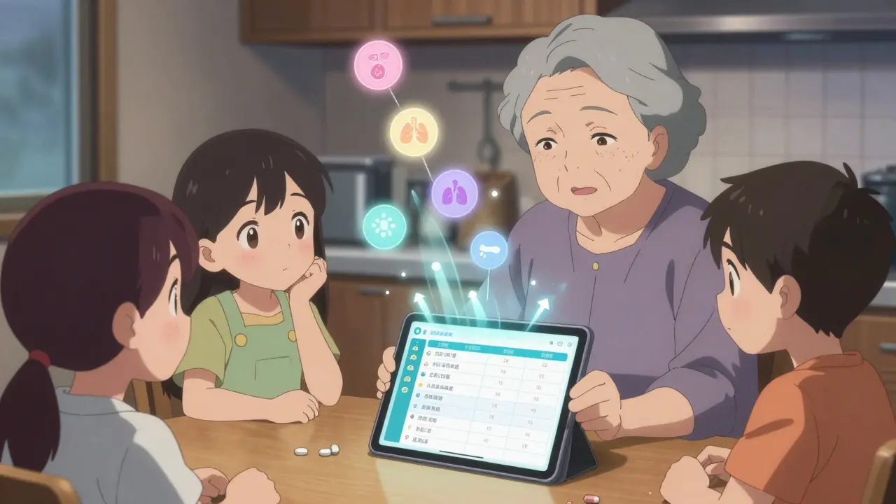 Family reviewing a medication checklist with glowing connection lines between pills and organs.